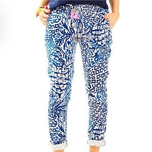 Lilly Pulitzer Aden Linen Tassel Ankle Pants Indigo Home Slice Size XS